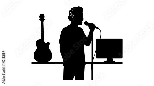 Musician and podcaster silhouette. Music production and audio recording concept. Vector illustration with guitar and microphone isolated on white background