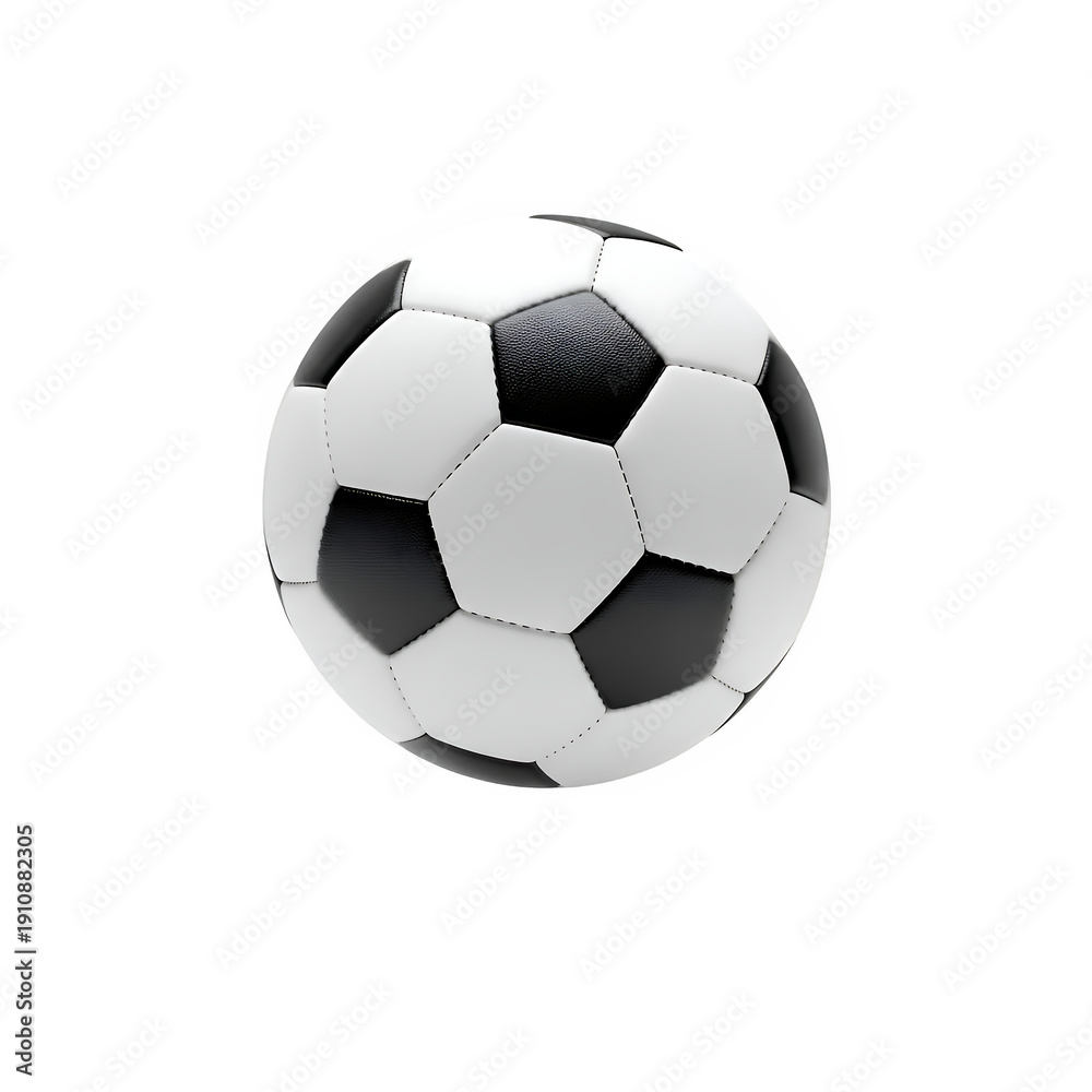Fototapeta premium White soccer ball with black accents, clean realistic sports object for design, advertising, and digital use, isolated on white or transparent background. PNG format.
