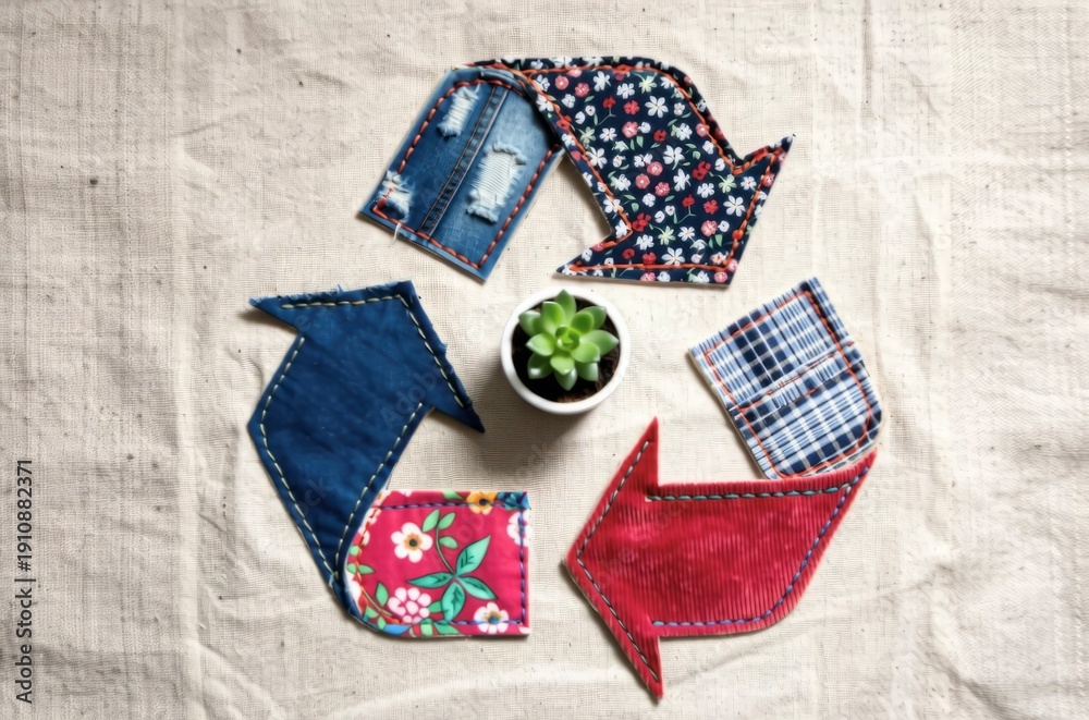 Obraz premium Recycling symbol made from fabric patches with succulent plant