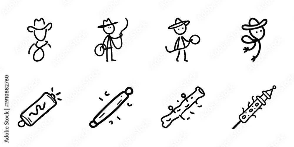 Obraz premium Cowboy And Rodeo Equipment Line Icon Set In Doodle Style. Western Culture, Lasso Skills, And Rodeo Tools Outline Sketch Collection. Hand Drawn Isolated Vector Illustration