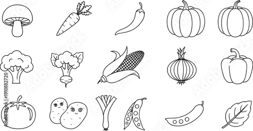 Minimal black line fruit and vegetable icon set featuring mushrooms, carrots, peppers, pumpkin, corn, onions and fresh produce