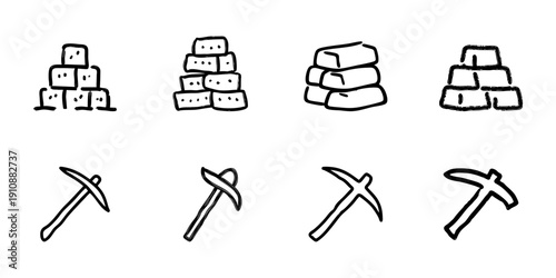 Stacked Gold Bars And Pickaxe Line Icon Set In Doodle Style. Mining And Wealth Accumulation Outline Sketch Collection. Hand Drawn Isolated Vector Illustration
