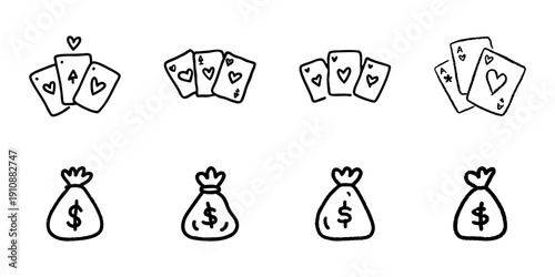 Playing Cards And Money Bags Line Icon Set In Doodle Style. Gambling, Poker, And Financial Success Outline Sketch Collection. Casino And Wealth Symbolism. Hand Drawn Isolated Vector Illustration
