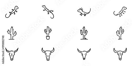 Lizard, Cactus, And Bull Skull Line Icon Set In Doodle Style. Southwestern Desert Wildlife And Nature Symbols Outline Sketch Collection. Hand Drawn Isolated Vector Illustration