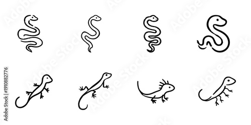 Snake And Lizard Line Icon Set In Doodle Style. Reptile Identification And Wildlife Symbolism Outline Sketch Collection. Herpetology And Nature Study. Hand Drawn Isolated Vector Illustration