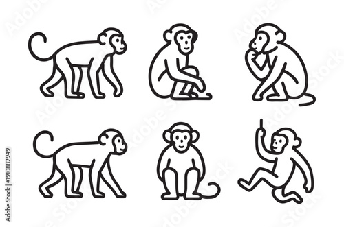 A collection of six simple black and white line drawing illustrations depicting various monkey poses