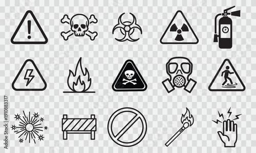 Industrial safety warning symbols set featuring danger triangle and toxic poison skull crossbones with biohazard and radioactive signs for laboratory workplace