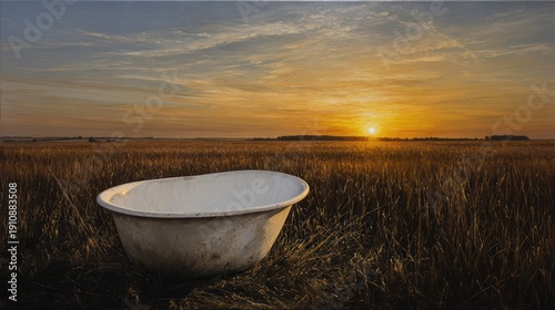 An old, empty bathtub sits amidst a vast field, bathed in the warm glow of a setting sun