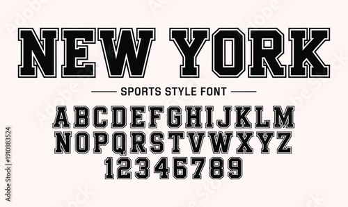 New York Sports Style Alphabet and Number Set with Bold Varsity Outline Typography for Athletic Apparel Design