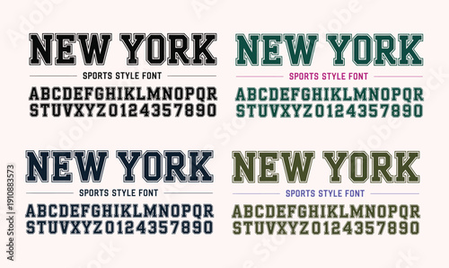 New York Sports Style Alphabet and Number Set with Bold Varsity Slab Serif Typography for Athletic Team Apparel