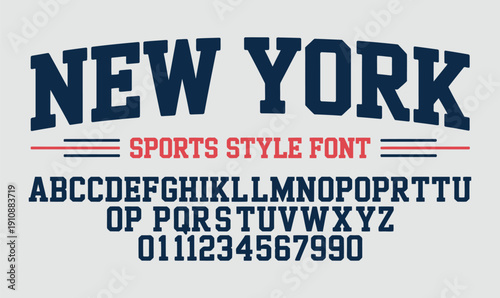 New York Sports Style Font Set with Bold Varsity Typography and Numbers for Athletic Apparel Design
