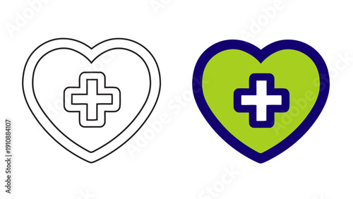 Healthcare and Medical Heart Icon  with Cross Symbol - Outline and Flat Color Styles