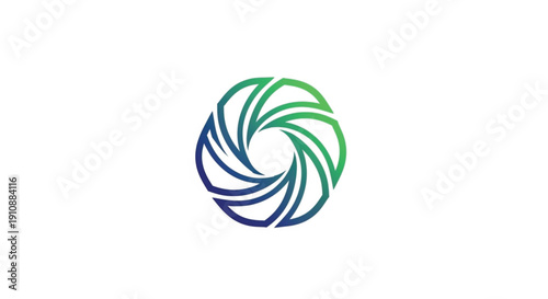 A modern abstract geometric vector logo featuring a circular spiral design with a vibrant blue and green gradient. The swirling blades resemble a camera aperture or a stylized flower.