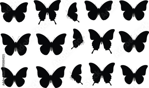 Butterfly silhouette collection vector, black insect shapes set, nature winged icons, minimal wildlife illustration, decorative design elements pack artwork
