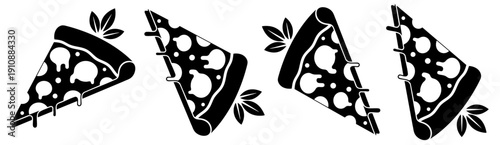 Monochrome pizza slice icon set with toppings and basil for restaurant menu and website design