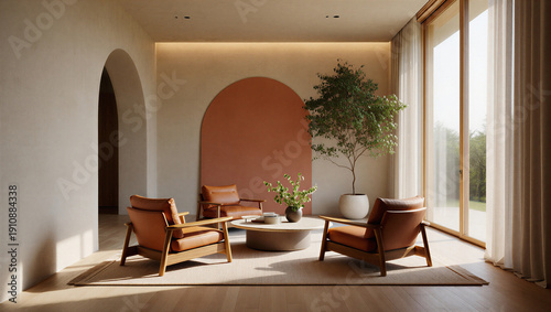 Foto Modern living room interior with archway and large windows and brown leather arm