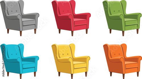 Colorful classic armchair set illustration, retro lounge furniture collection, modern interior seating icons, flat vector design isolated on white background