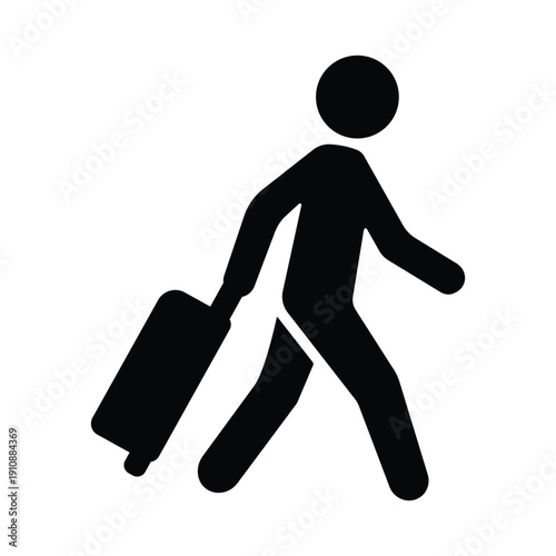 Walking man with luggage icon flat black silhouette of traveler pulling suitcase for airport travel or vacation journey concept on white background