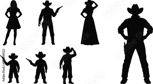 Silhouette of cowboys and cowgirls with hats and pistols set isolated on white background for western design elements wild west vector illustration outlaw collection