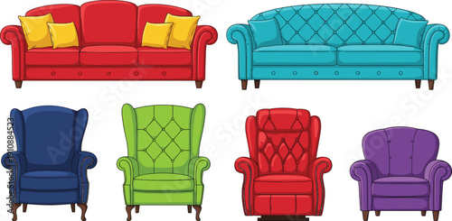 Colorful sofa and armchair collection illustration, classic tufted lounge furniture set, modern living room seating vector isolated background design