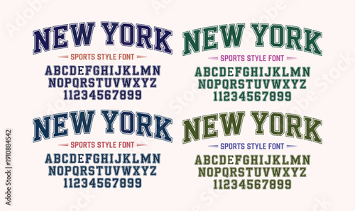 New York Sports Style Font Set with Arched Varsity Typography and Numbers for Athletic Apparel Design