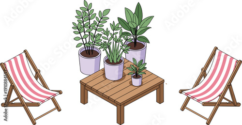 Cozy outdoor seating illustration with deck chairs and potted plants, wooden table furniture set, modern garden patio vector isolated background