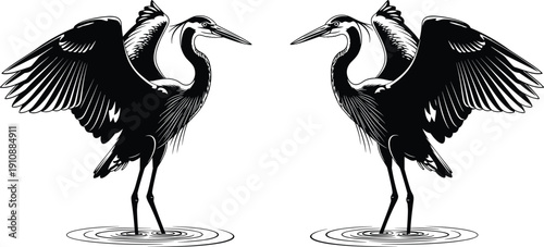 Heron bird silhouette illustration, crane wings spread vector, wildlife logo design, black and white nature emblem, elegant waterbird graphic icon