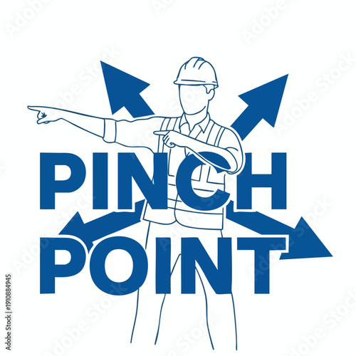 Pinch Point Safety Warning. Construction Worker Directing Traffic. Danger Zone Sign.