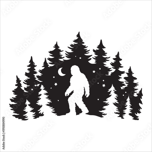 Bigfoot Silhouette In Forest Night Landscape Scene