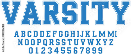 Varsity Blue Alphabet and Numbers Set with Athletic Outline Font for Sports Team Apparel