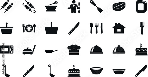 Minimal black restaurant and kitchen icon set featuring skewers steak bowl chef cooking utensils appliances and serving elements