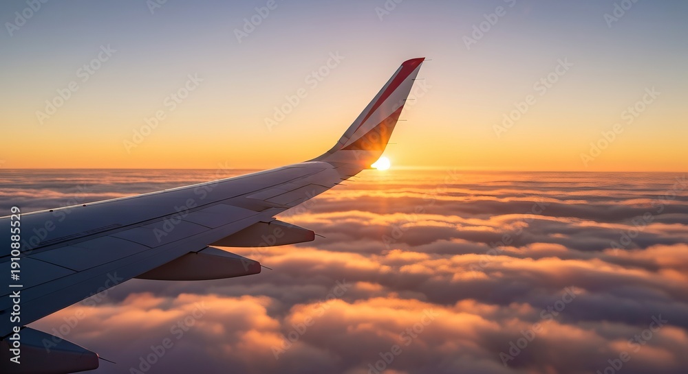 Obraz premium Breathtaking Airplane Wing Above Clouds at Sunrise, Showcasing Nature s Beauty and Tranquility