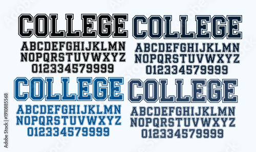 College Varsity Alphabet and Numbers Set with Athletic Block Font Styles for Sports Apparel Design