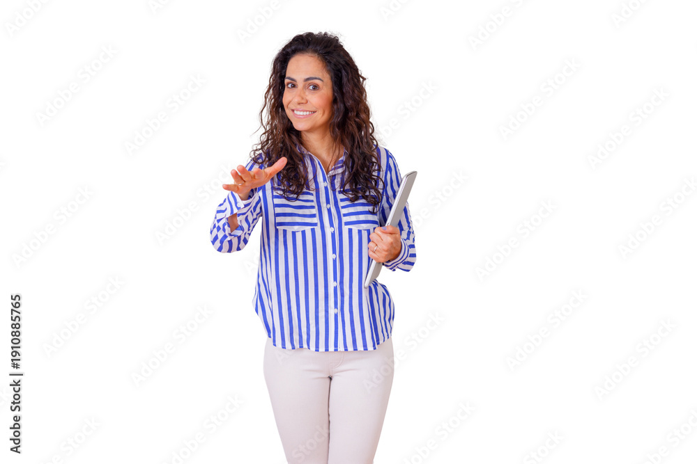 Fototapeta premium Professional businesswoman holding a laptop, smiling and gesturing a welcoming or presentation motion on a transparent background
