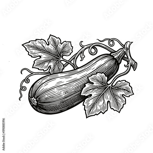 Zucchini with Leaves: Black and White Botanical Illustration