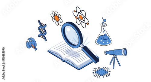 Science Education Icons Book Magnifying Glass.