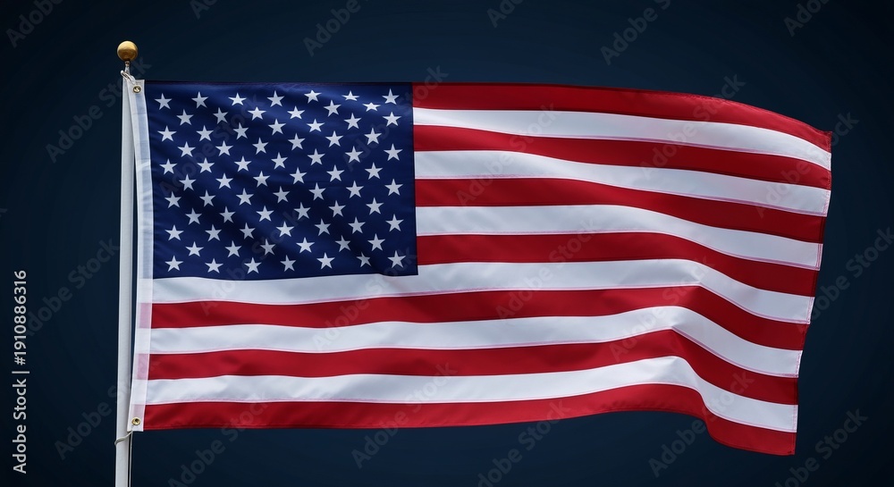 Obraz premium American Flag on Flagpole Fluttering in the Wind, a National Symbol of Freedom and Patriotism