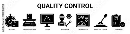 Quality Control web banner icon vector illustration concept with icon of testing, weighing scale, error, engineer, dashboard, control lever, and completed.