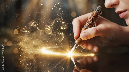 Magic Pen Strokes: A hand delicately holds a meticulously crafted pen, leaving a trail of shimmering, golden light, suggesting creative inspiration.