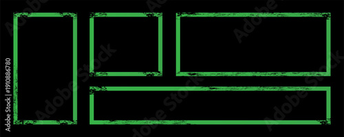 Spray paint frames, colour brush stencil graffiti borders square and rectangular shapes. Grunge airbrush texture, inky contour green splashes and drips, isolated Vector set