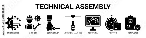 Technical Assembly web banner icon vector illustration concept with icon of engineering, engineer, screwdriver, assembly machine, robot arm, testing, and completed.