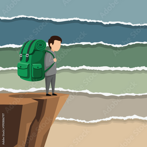 Man with Backpack on Cliff Edge. Adventure. Travel. Journey.