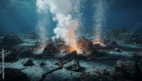 Underwater Hydrothermal Vent Eruption: An Earthy Display of Bubbles, Lava, and Geological Activity in a Submerged Landscape of Oceanic Rocks and Cracks
