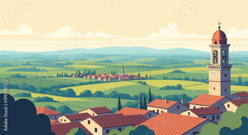 Pixelated rural Italian village with a tall clock tower and rolling green hills
