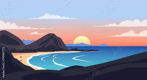 Pixelated seascape with mountains, beach, ocean, and sunset