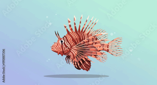 Pixelated illustration of a striking red and white striped lionfish swimming in gentle ocean currents