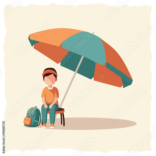 Child under umbrella, waiting with backpack. Outdoor rest.