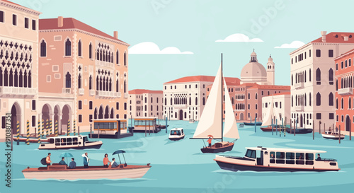 Pixel art Venice canal with boats and historic buildings under a cloudy sky