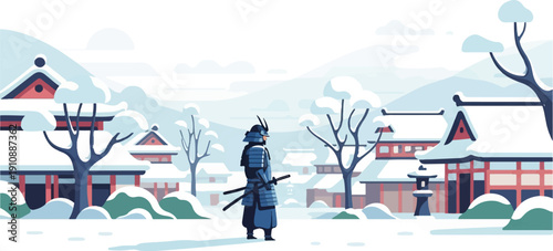 Pixel art warrior in blue armor stands in a snow-covered village