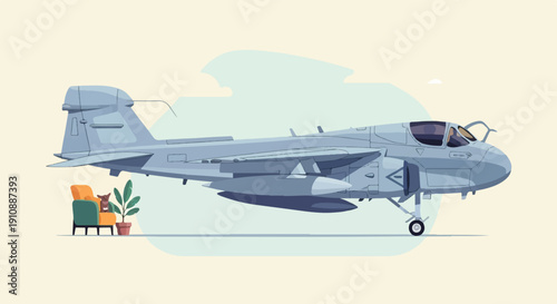 Pixelated jet fighter lands near a comfy chair with a small dog